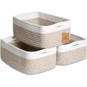 Cotton Rope Storage Baskets Set of 3 Small Woven Organizer Bins for Shelves